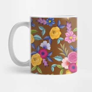 Watercolor Floral Seamless Pattern Art On Brown Background Mug